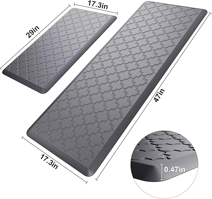 Kitchen Mats for Floor 2 Piece - Anti Fatigue Mats for Kitchen Floor - Non Slip Cushioned Rugs for Standing, Office, Sink, Laundry, Grey