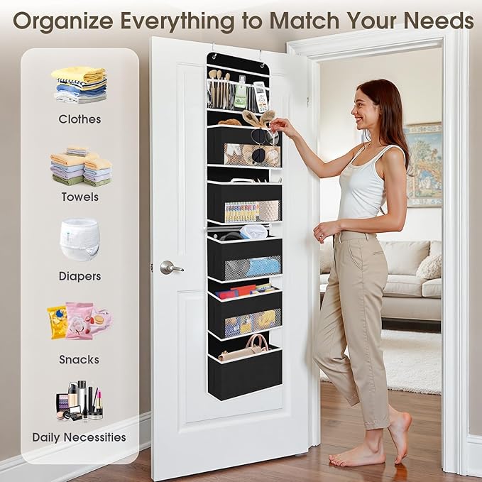 SpaceHacks 6-Tier Over The Door Organizer Hanging Storage Organizers with Clear Window 40lb Large Capacity Room Organizer for Pantry Bathroom Nursery Closet(Black)