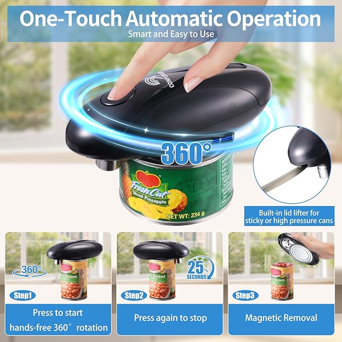 Can Opener Electric - Upgraded One-Touch Automatic, Smooth Edge, USB-C Rechargeable, Perfect for Seniors (Black)