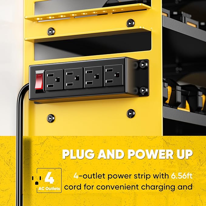 POKIPO Large Power Tool Organizer Wall Mount with Charging Station,4 Layer Heavy Duty Metal Storage Rack Loads 600lbs with 8 Cordless Drill Holder,Battery Utility Rack Gift for Garage workshops Room