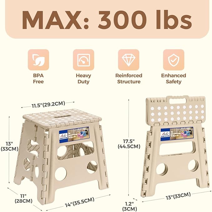 ACKO Folding Step Stool, 13 Inch Non-Slip Foldable Step Stool for Adults & Kids, Up to 300 lbs, Lightweight Collapsible Foot Stools with Carry Handle for Kitchen, Bathroom, Bedroom, Khaki