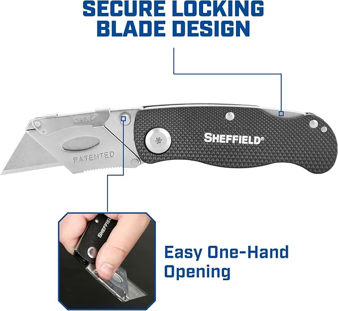 Sheffield Folding Utility Knife, Accepts Standard Utility Knife Blades, Box Cutter Aluminum Handle, Razor Blades Included, For Home, Office, Trades, and Warehouse