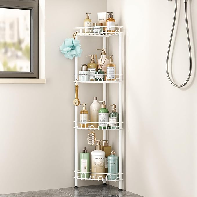 SWTYMIKI Standing Shower Caddy Corner - 4‑Tier Stainless Steel Shower Organizer Shelf with 16 Hooks and Adhesive Pads, Rustproof Corner Shelves Stand Rack for Bathroom Shower Room, white