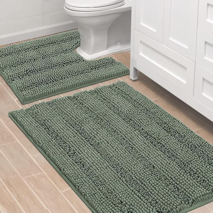 H.VERSAILTEX Bathroom Rugs Bath Rug Set 2 Piece Bathroom Contour Rug Toilet Mat Non Slip Contour Bath Rug Ultra Thick Water Absorbent Striped Bath Mats Washable(36" x 24" Plus 20" x 24" U, Green Bay)