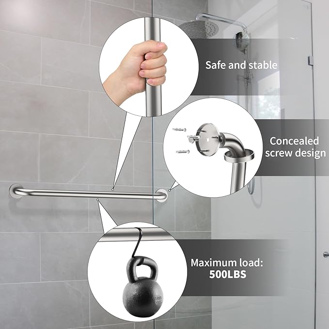 36 Inch Shower Grab Bar, ZUEXT SUS304 Stainless Steel Brushed Nickel Bathroom Grab Bar Handle, Shower Balance Bar, Safety Hand Rail Support, Handicap Elderly Senior Assist Bath Handle (1.25" Diameter)