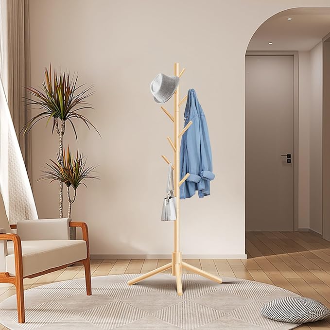 Unisakey Durable Wooden Coat Rack, Freestanding Coat Rack with Stable Triangular Base, 8 Hooks & 3 Adjustable Heights, Simple Assembly for Bedroom, Hallway, Office(New Nature)