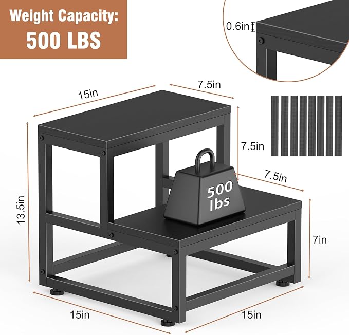 LIANTRAL 2 Step Stool for Adults Kids, Heavy Duty Sturdy Steel Frame with Wooden Steps, Bedside Foot Stool with 500lbs Load Capacity, Non-Slip Step Stool for High Bed, Kitchen, RV Step - Black