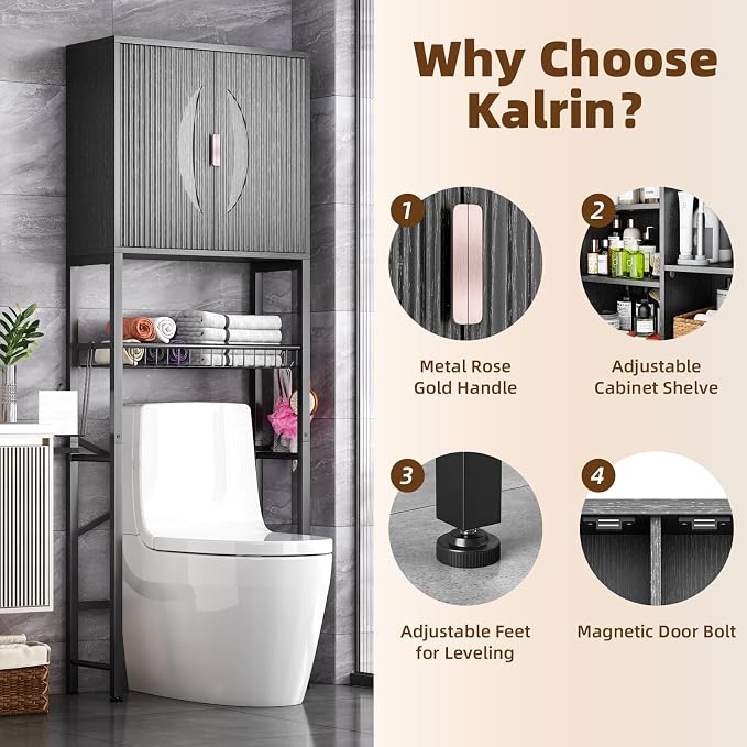 Kalrin Over The Toilet Storage Cabinet with Fluted Wave Doors and Adjustable Shelf, Wood Over Toilet Storage Rack with Drain Basket, Freestanding Bathroom Organizer for Balcony Laundry, Pure Black