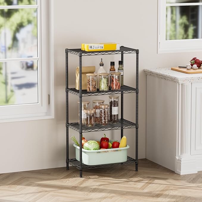 SINGAYE 4 Tier Storage Rack Wire Shelving Unit Shelves Metal for Pantry Closet Shelve Organization Kitchen Laundryroom 800Lbs Capacity 24" D x 14" W x 48" H Black