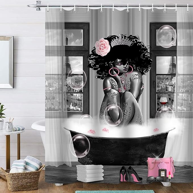 4Pcs African American Shower Curtain Sets with Rugs, Black Girl Shower Curtain for Bathroom Decor Sets with Paris Eiffel Tower Art Pattern, Grey Waterproof juego de baño, with 12 PCS Hooks