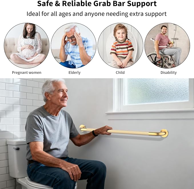36 Inch Brushed Gold Grab Bars for Shower with Anti-Slip Knurled Grip,YuanDe Stainless Steel Bathroom Grab Bars, Shower Handrail Support, Handicap Elderly Balance Assist Handles