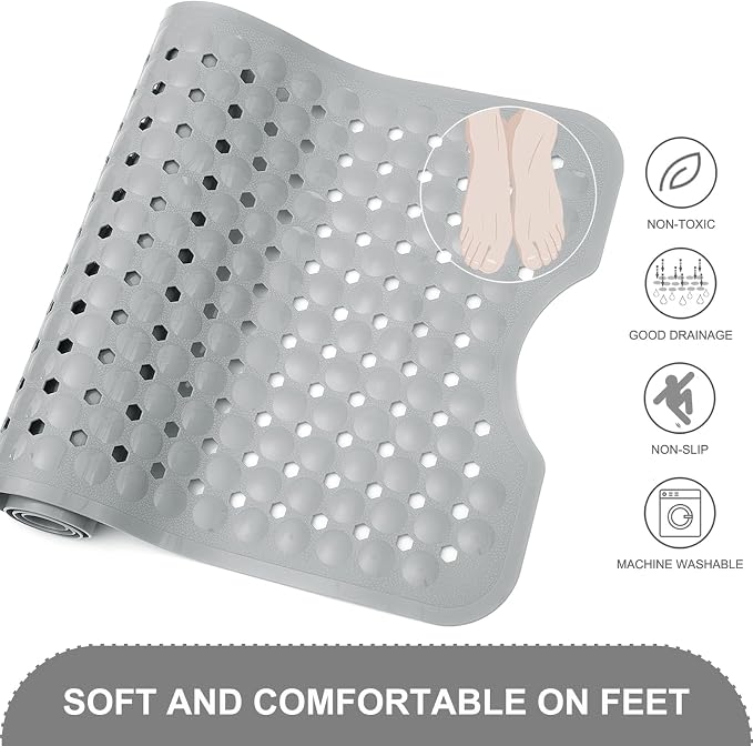 TEESHLY Bath Tub and Shower Mats, Non Slip 40 x 16 Inch Extra Large Bathtub Mat, Machine Washable Bathmat with Drain Holes, Suction Cups for Bathroom Floor, Gray