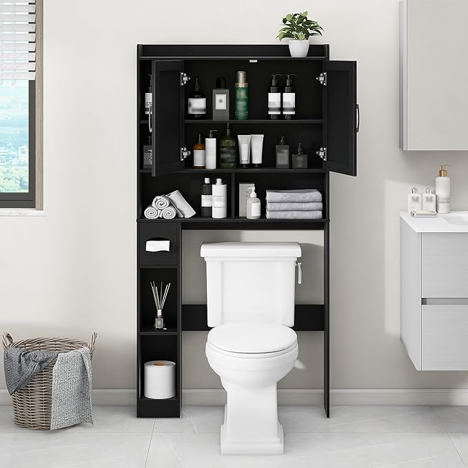 Vabches Over The Toilet Storage Cabinet, Farmhouse Storage Cabinet Over Toilet with 2 Barn Door & Toilet Paper Holder Stand, Home Space-Saving Toilet Rack, for Bathroom, Restroom (Black)