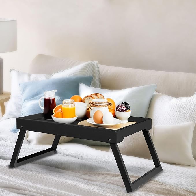Bamboo Bed Tray Table with Folding Leg, Breakfast in Bed Tray for Eating,Kitchen Serving,Food, Sofa, Snacking or Working, Laptop Desk Dinner(1, Black)