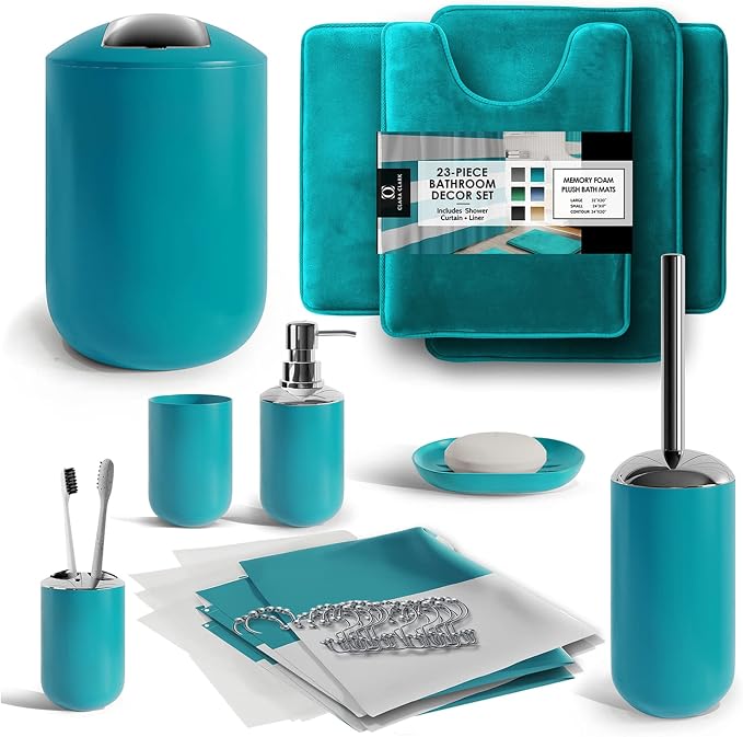 Clara Clark Bathroom Set - Teal Bathroom Accessories Set, Bathroom Sets with Shower Curtain and Rugs, 23PC Shower Curtain Set with Liner, Soap Dispenser, Soap Dish, Toilet Brush Holder, and Trash Can