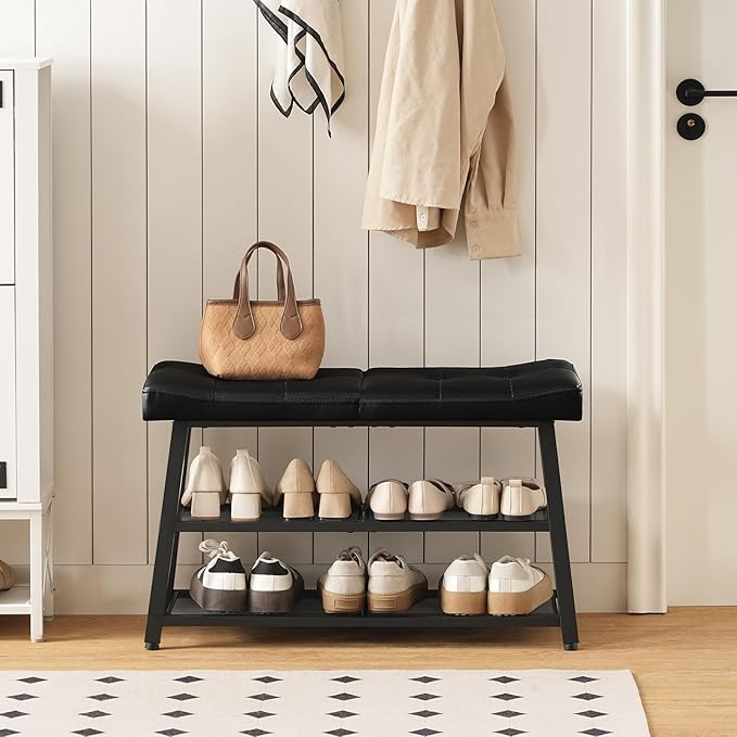 YATINEY Shoe Bench, 3-Tier Shoe Rack, Entryway Bench with Storage and Cushion, for Hallway, Foyer, Bedroom, Black HX02BB