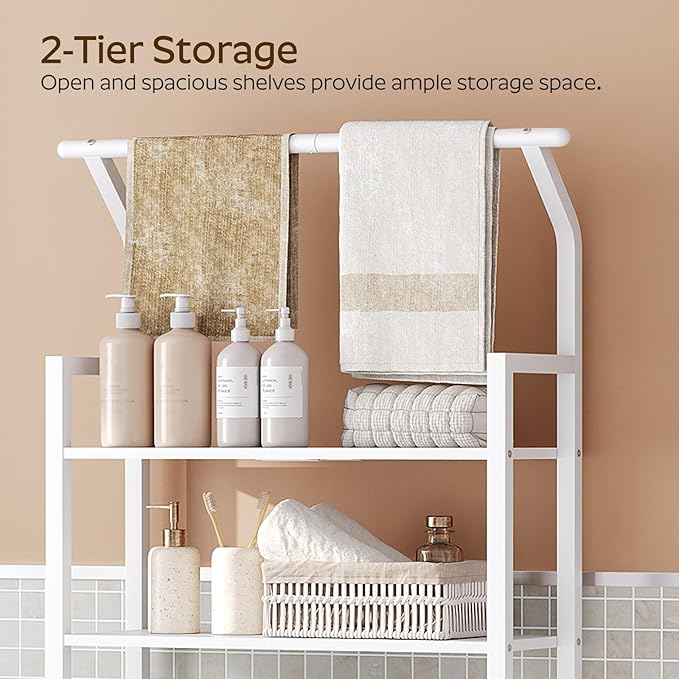 YATINEY 2-Tier Over The Toilet Storage, Multifunctional Vertical Over Toilet Bathroom Organizer, Freestanding Bathroom Storage Shelves with Hooks, Bathroom Organizer, Rustic Brown and Black TR01WT