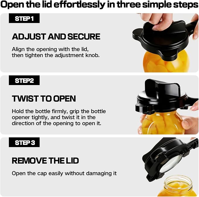 Multi-Size 4-in-1 Adjustable Jar Opener, Heavy Duty Stainless Steel Jar Lid Opener, Ergonomic Labor-Saving Kitchen Tool for Seniors, Women, Kids, Home Cooks & Anyone with Weak Grip (1PC)