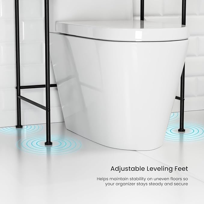 Home Zone Living Over the Toilet Storage Bathroom Organizer 3-Tier Freestanding Steel Frame Shelves with Wide Stabilizing Base and Adjustable Feet, Matte Black