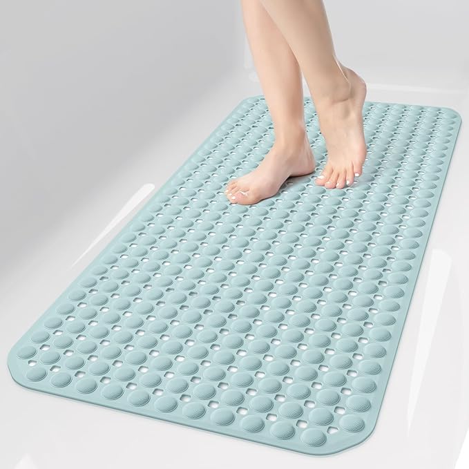 OTHWAY Bath Tub Shower Mat Non Slip, Bathtub Floor Liner Mats for Inside Shower Bathroom, Suction Cups and Drain Holes for Feet Scrubbing, Machine Washable, Soft on Feet, 35x16 Inch, Light Blue