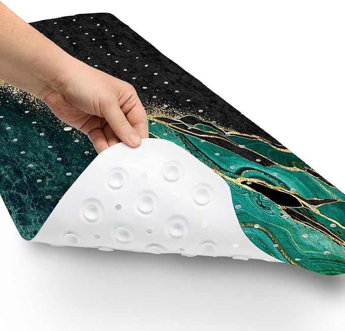 Bathtub Mat Non Slip, 40x16 inch Bath and Shower Safety Mats, Green and Gold Marble Tub Mat for Bathroom, Tub Shower Mat with Drain Holes and Suction Cups