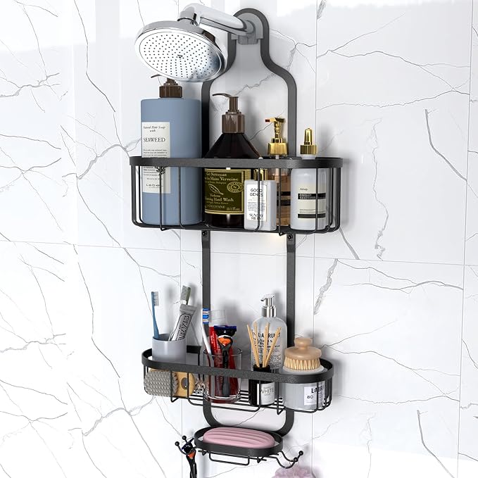Shower Caddy Hanging, Bathroom Shower Rack, Bathroom Organizer with Soap Dish, Over The Showerhead Caddy with Hooks for Razor/Sponge, Black