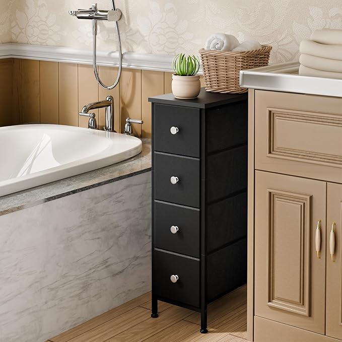 Fixwal Narrow Storage Cabinet, Small Dresser with 4 Drawers, Slim Fabric Dresser Storage for Small Spaces, Black Dresser Nightstand Side Table for Bedroom, Bathroom, Laundry, Closet, Dorm