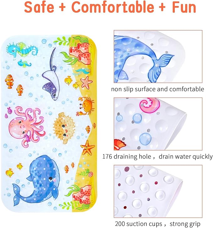 Secopad Bath Mat for Tub Non Slip, Machine Washable Anti-Slip Cartoon Baby Bathtub Shower Mat with Drain Holes and Suction Cups for Toddler & Kids, 27.5 Inch x 15 Inch-Rectangular, Pink Octopus