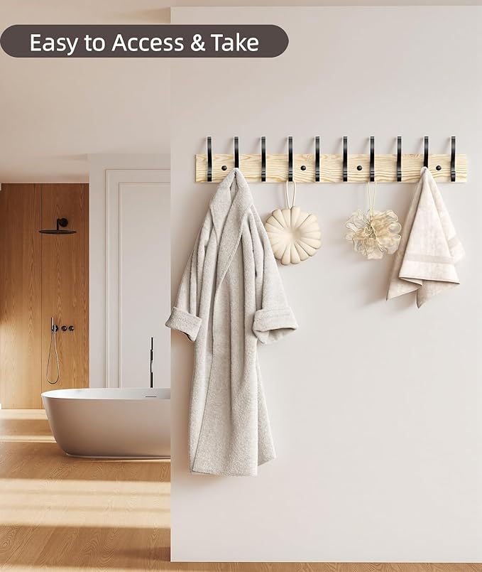 Optish 2 Pack Wooden Coat Rack Wall Mount, 16.1" Rustic Coat Hanger Hooks with 10 Double Hooks, Wall Coat Rack for Hat, Clothes, Bags, Jacket, Natural Wood