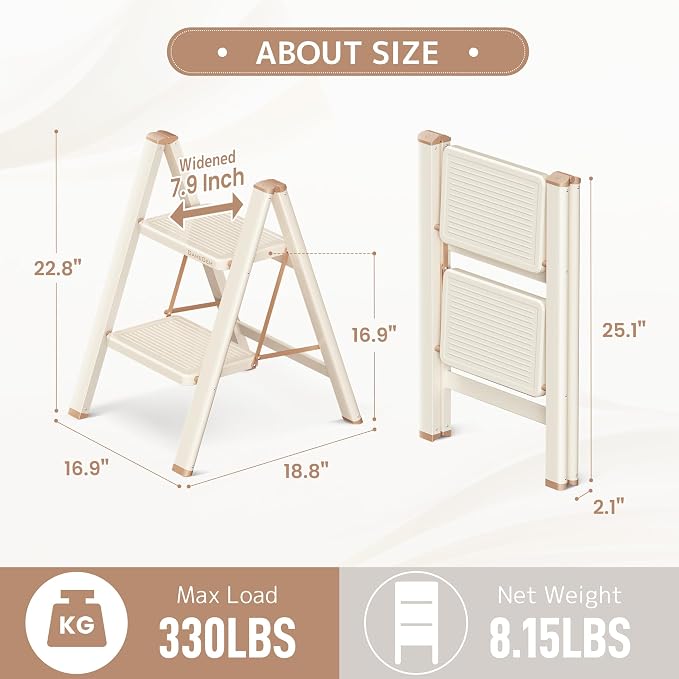 2 Step Ladder Folding Step Stool with Wide Anti-Slip Pedal, 330LBS Capacity, Lightweight Portable Stepladder for Home and Kitchen Use, Cream Chocolate