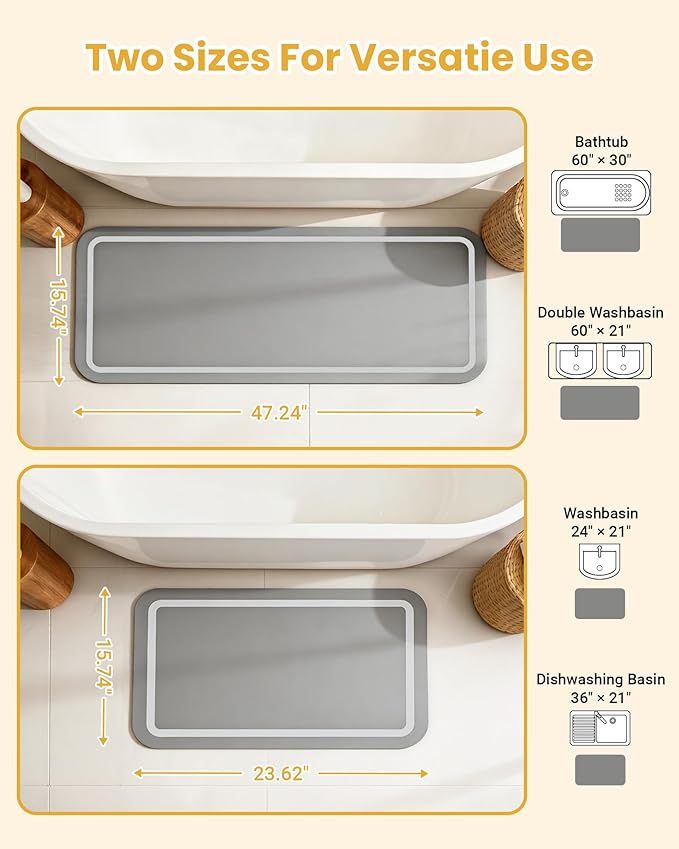 Soft Diatomaceous Earth Bath Mat, Super Absorbent Bath Mat, Quick Dry Large Bathroom Mats, Gray Bathroom Rugs Non Slip Washable, Stone Bath Mats Substitute, Bath Room Runner Decor, 15.74" x 47.2"