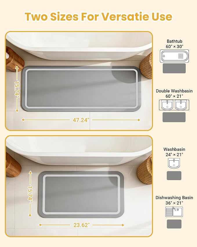 Stone Bath Mat for Bathroom, Soft Diatomaceous Earth Bath Mats, Small Bath Mat Non Slip, Super Absorbent Bath Room Mat Decor, Gray Bathroom Rugs, Quick Dry Bath Room Floor Mat, 15.74" x 23.62", Grey