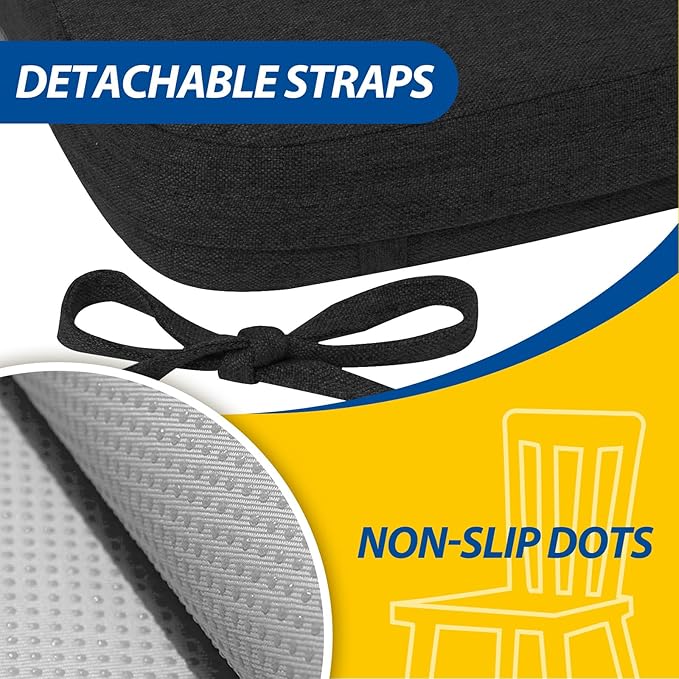 AAAAAcessories D-Shaped Chair Cushions, 2" Thick Dining Chair Pads with Ties and Removable, Machine-Washable Cover, 17" x 16", Set of 2, Black