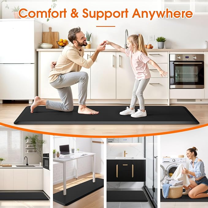 TranquilRelax Extra Large Kitchen Mat Rug, Floor Comfort Mat with Non-Slip Bottom, Waterproof & Stain Resistant & Easy Clean, Standing Desk Mat for Kitchen, Sink, Office (17.3''x60'', Black)