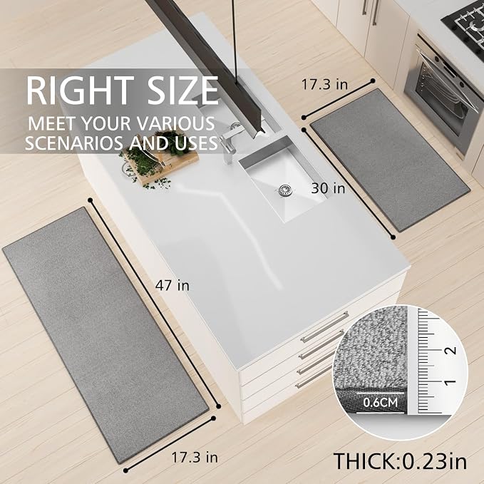SUMLANS Kitchen Mat Set of 2 PCS, Cushioned Non Slip Rugs for Kitchen Floor, Absorbent Runner Comfort Standing Mats Washable for Kitchen, Office, Home (Grey-Velvet, 17.3"x47"+17.3"x30")