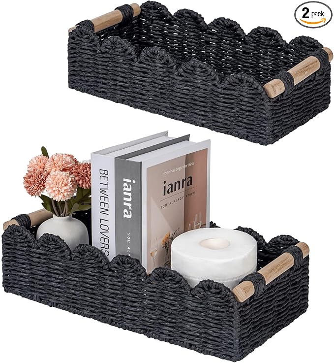 CubesLand Toilet Paper Storage Basket, Scalloped Edge Shelves Basket for Organizing for Over Toilet Tank Storage, Home Decor Baskets for Shelf, Countertop, Living Room, Bedroom, Handwoven, Black