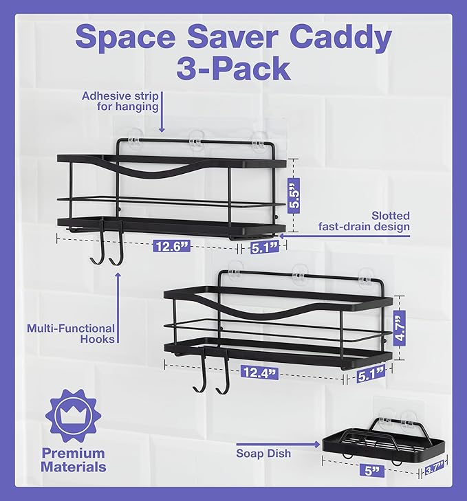 KINCMAX Shower Caddy and Soap Holder Set, Rustproof SUS304 Stainless Steel, Adhesive Wall Mount Double Baskets 2-pack with Hooks (Matte Black)
