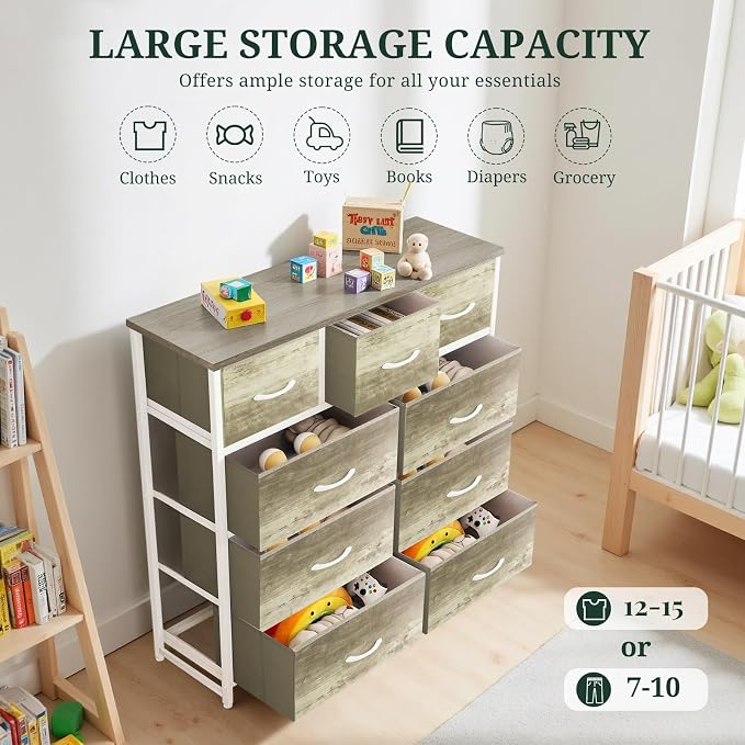 9-Drawer Dresser for Bedroom, Anti-Tip Tall Storage Organizer Chest of Drawers with Wooden Top and Metal Frame Fabric Bins for Closet, Living Room, Hallway, Entryway, Greige Oak