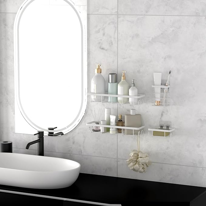 Shower Caddy Organizer with Hooks,Self Adhesive Bathroom Shelves,No Drilling Bathroom Organizers and Storage,Perfect for RV, Apartment, Home Decor,White 4PCS