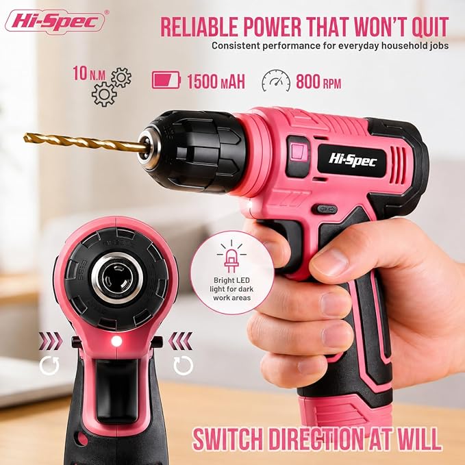 Hi-Spec 8V Cordless Drill Set & Tool Kit for Women – Ladies Complete Rechargeable Electric Power Drill Driver with Starter Tools, Compact Hand Toolbox, Pink, Ideal for Home Projects