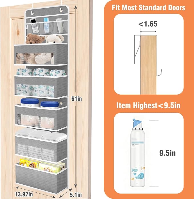 WISELIFE Over The Door Organizer - 6 Shelves Detachable Hanging Bedroom Storage Solution with 5 Large Pockets and 3 PVC Pockets for Dorm Bathroom, Pantry Nursery Baby Essentials (Grey)