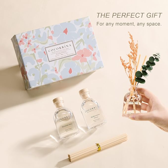 COCORRÍNA Eucalyptus Reed Diffuser Set of 3 - Light Cotton, Mediterranean Citrus, Moroccan Amber Scents, 1.7 fl oz Each, Total 5.1 oz, Scented Oil Diffusers for Home & Office