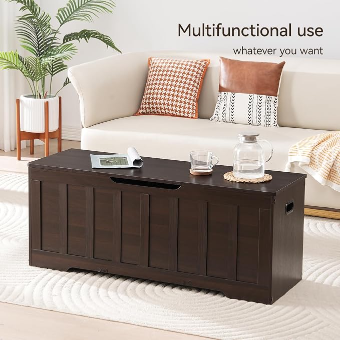 VANKILEY 47.2" Storage Chest Extra Large, Storage Trunk with 2 Safety Hinges, Wooden Storage Bench, Shoe Bench, 47.2x15.7x19.1 Inch, Easy Assembly, for Bedroom, Living Room, Entryway, Espresso