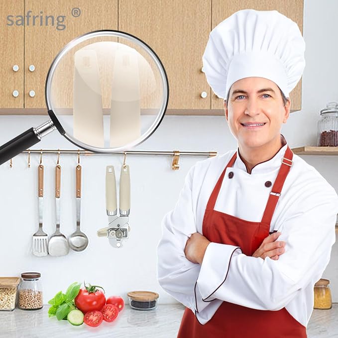 Safring Can Opener Manual, Handheld Strong Heavy Duty Stainless Steel Can Opener, Comfortable Handle, Sharp Blade Smooth Edge, Can Openers with Multifunctional Bottle Opener, Beige