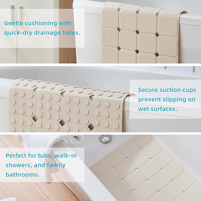 Yanzifly Non-Slip Silicone Bathtub Mat – Foldable, Machine Washable, Durable & Eco-Friendly Bath & Shower Mat with Strong Suction Cups, Large Drain Holes, Ideal for Family Use, 14.9 x 27.5in, Beige