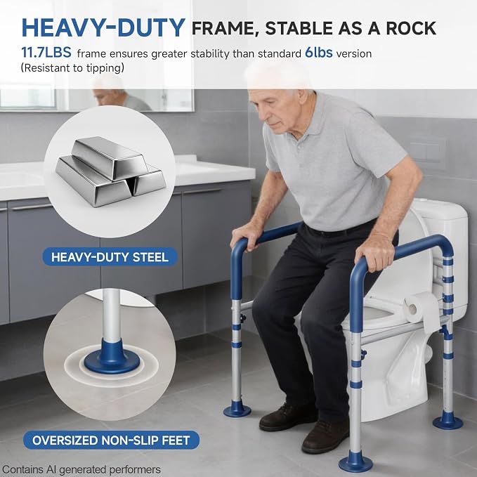 Loyoda Toilet Safety Rail for Seniors, 11.7lbs Steel, Rock-Solid Stability | Height & Width Adjustable,Foldable,Padded Armrests,Wide Non-slip Foot Pads,350 lb Capacity for Pregnant Women & Disabled,Blue