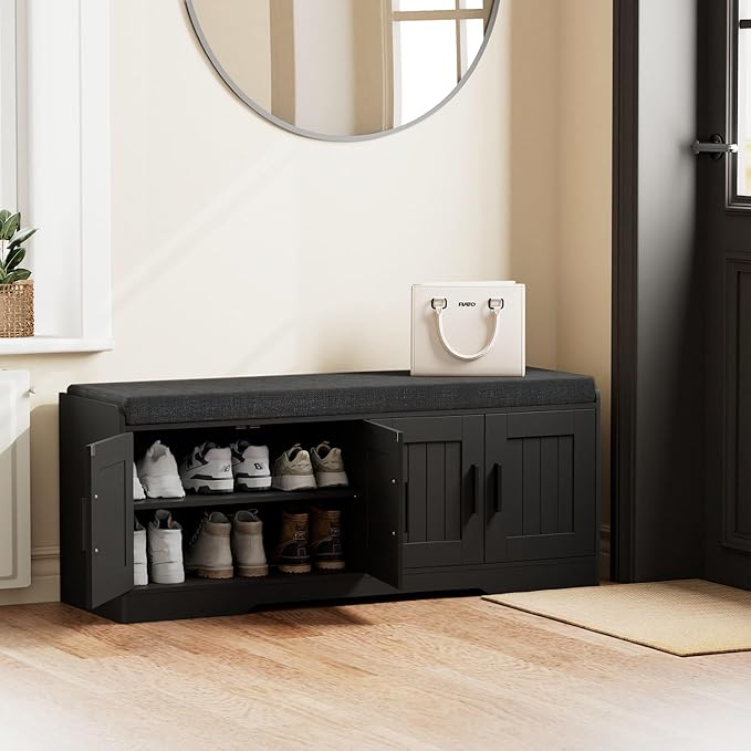 Homleke 2-Tier Storage Bench, Shoe Bench with Thickened Padded Seat Cushion, Entryway Bench with 4 Doors, Adjustable Shelf, 13.8" D x 45.3" W x 18.5" H, for Entryway, Living Room, Bedroom, Black