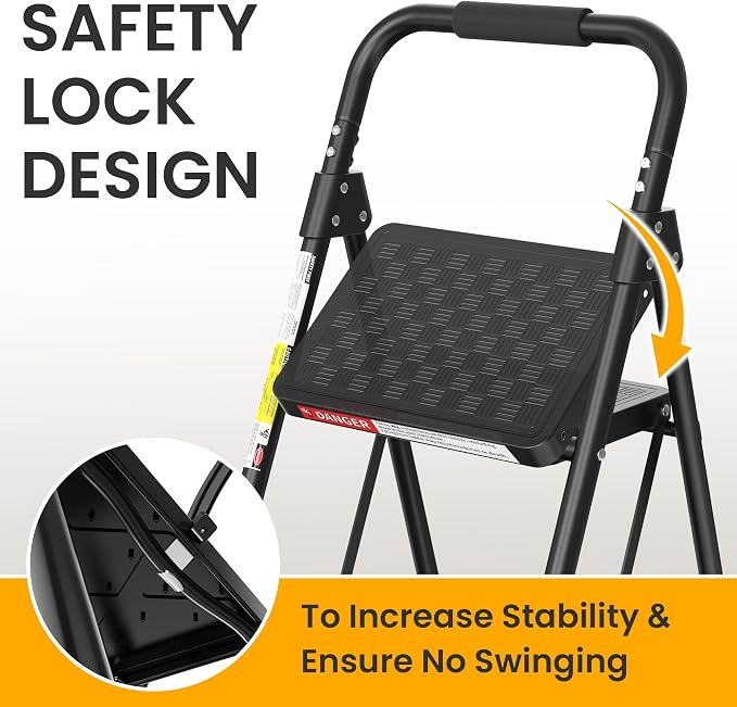 HBTower 3 Step Ladder, Folding Step Stool with Wide Anti-Slip Pedal, Step Stool Foldable with Cushioned Handle for Home and Kitchen, Black