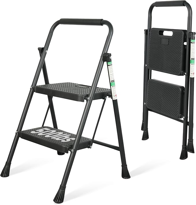Step Ladder, Portable Steel Folding Step Stool with Wide Anti-Slip Pedal & Convenient Handgrip, Sturdy Steel Ladder, 2-Step, Black