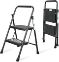 Step Ladder, Portable Steel Folding Step Stool with Wide Anti-Slip Pedal & Convenient Handgrip, Sturdy Steel Ladder, 2-Step, Black